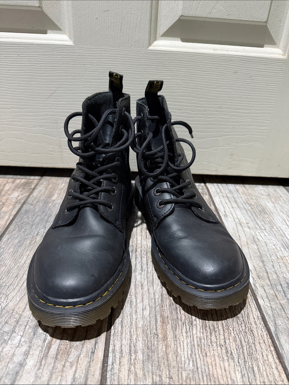 Dr. Martens Black Leather Lace-Up Combat Boots with Yellow Stitching